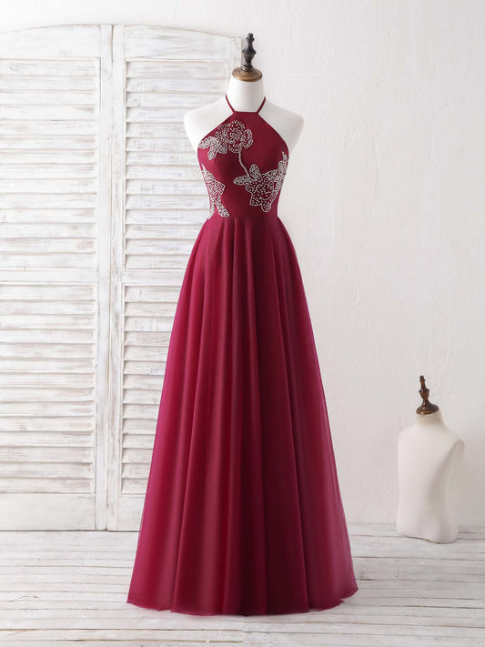 Tulle Beads Long Prom Dress Burgundy Evening Dress