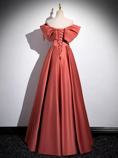 A-Line Off Shoulder Off Shoulder Satin Long Evening Dress Watermelon Red Long Formal Dress