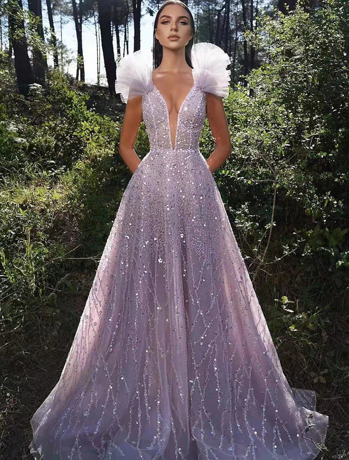 A-shaped ball sparkling dress formal wedding party floor length sleeveless V-neck sequin backless