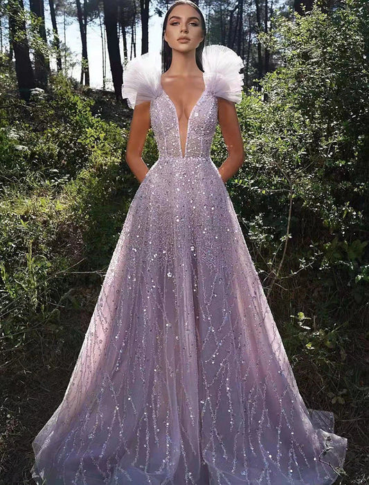 A-shaped ball sparkling dress formal wedding party floor length sleeveless V-neck sequin backless