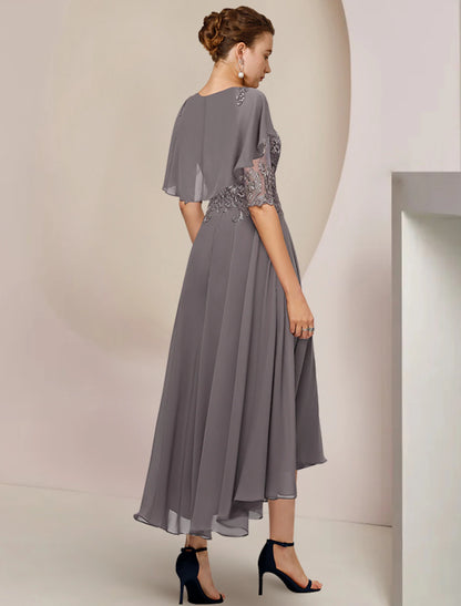 A-shaped Bride Mom Dress Fashion Trend Wedding Guests Elegant Spoon Neck Asymmetric Tea Length Chiffon Lace Half Cuff Beaded Applique