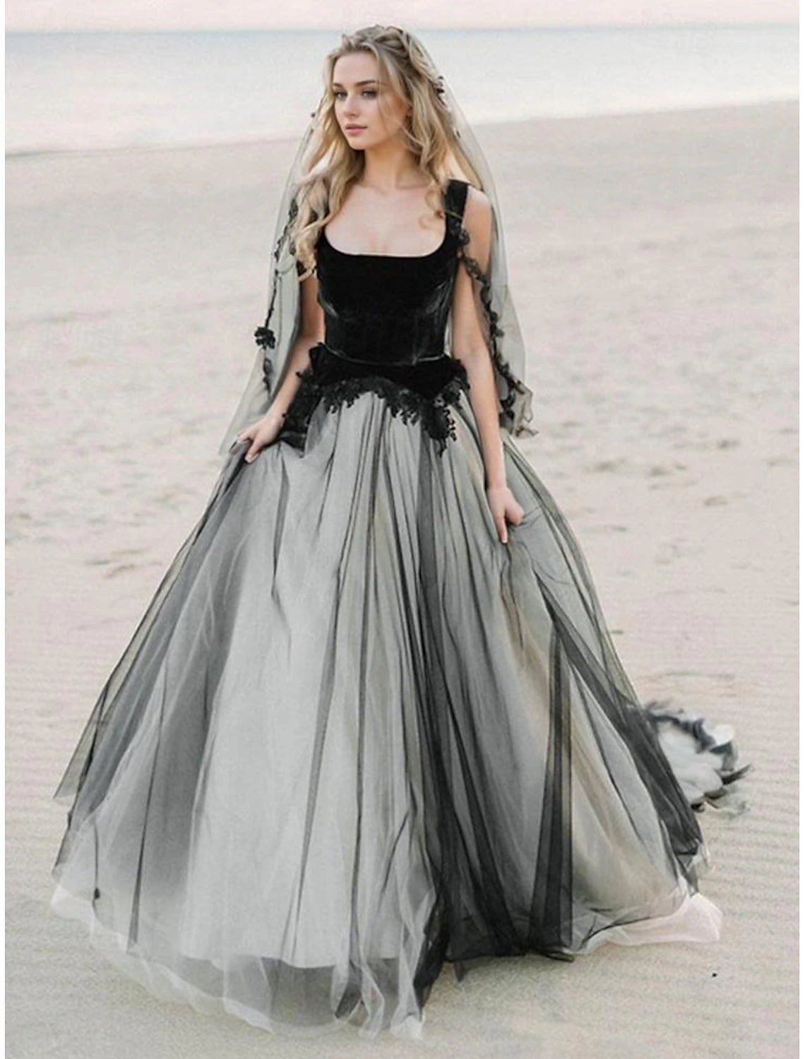 Beach Bohemian style black wedding dress with square neck, thin shoulder strap, sleeveless lace, bride dress with sticker pattern