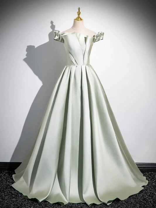 A-Line Satin Green Long Evening Dresses Green Long Formal Dress