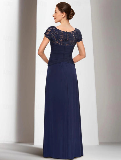 A-shaped Bride Mom Dress Jewelry Neck and Floor Length Chiffon Short Sleeves with Pleated Beads
