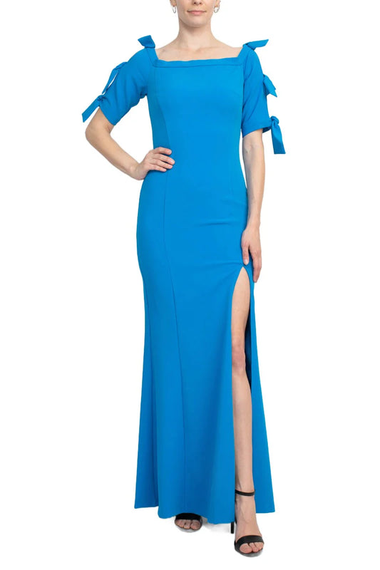 Square Neck Bow Shoulder Detail Short Sleeve Bodycon Zipper Back Slit Side Solid Scuba Mother of the Bride Dresses