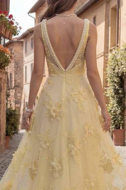 Elegant Square Neck Pearl Trim 3D Floral Applique Backless A-Line Tulle Maxi Prom Dress