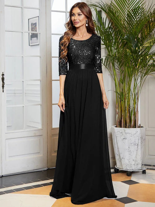 Elegant and sexy round neck long sleeved sequin evening gown