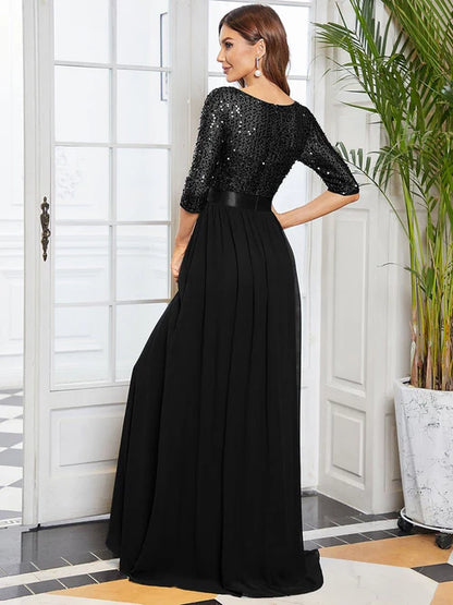 Elegant and sexy round neck long sleeved sequin evening gown