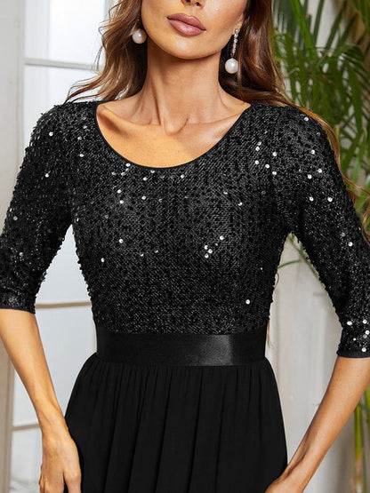 Elegant and sexy round neck long sleeved sequin evening gown