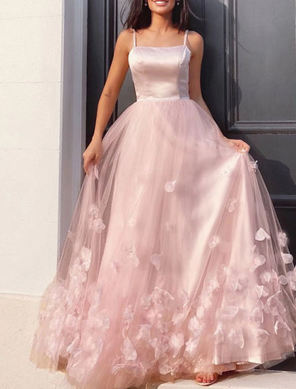 A-shaped ball party dress floral dress sweet long sleeveless thin shoulder strap pleated sticker sheer