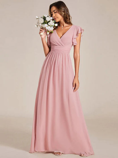 Sexy back hollowed out A-line pleated ruffle sleeve chiffon bridesmaid skirt