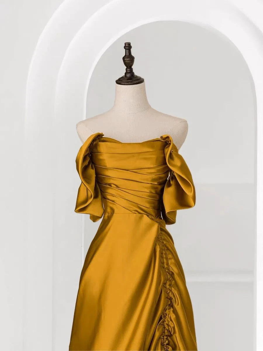 Vintage Off Shoulder Gold Satin Draped Evening Gown - Formal Dress