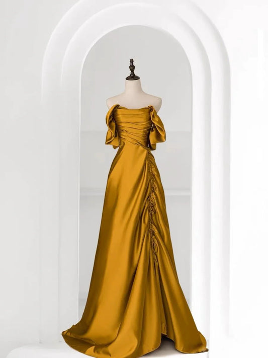 Vintage Off Shoulder Gold Satin Draped Evening Gown - Formal Dress