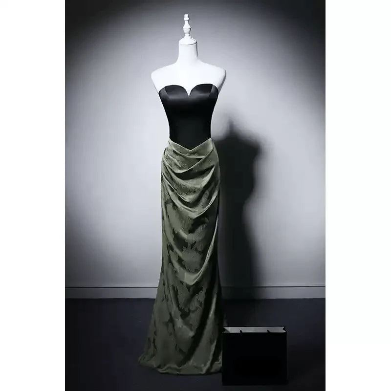 Gothic Black and Olive Green Mermaid Evening Gown  Green Evening Gown with Draped Skirt