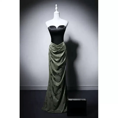 Gothic Black and Olive Green Mermaid Evening Gown  Green Evening Gown with Draped Skirt