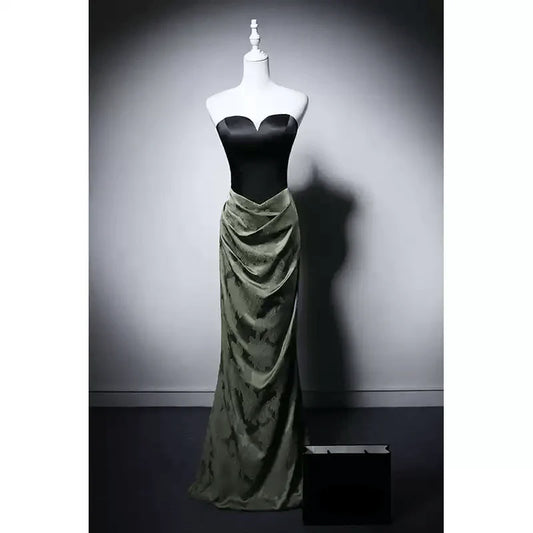 Gothic Black and Olive Green Mermaid Evening Gown  Green Evening Gown with Draped Skirt