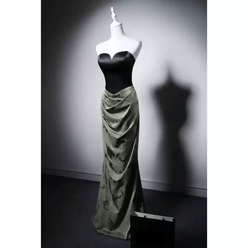 Gothic Black and Olive Green Mermaid Evening Gown  Green Evening Gown with Draped Skirt