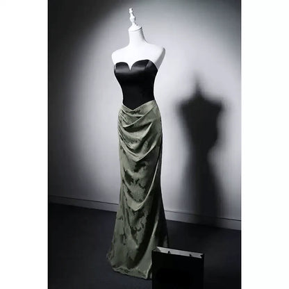 Gothic Black and Olive Green Mermaid Evening Gown  Green Evening Gown with Draped Skirt