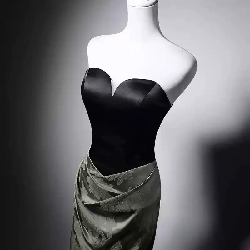 Gothic Black and Olive Green Mermaid Evening Gown  Green Evening Gown with Draped Skirt