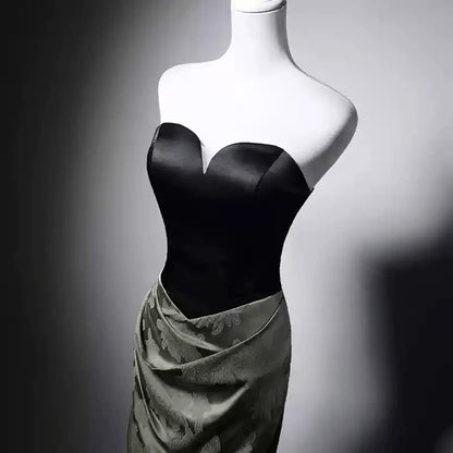Gothic Black and Olive Green Mermaid Evening Gown  Green Evening Gown with Draped Skirt