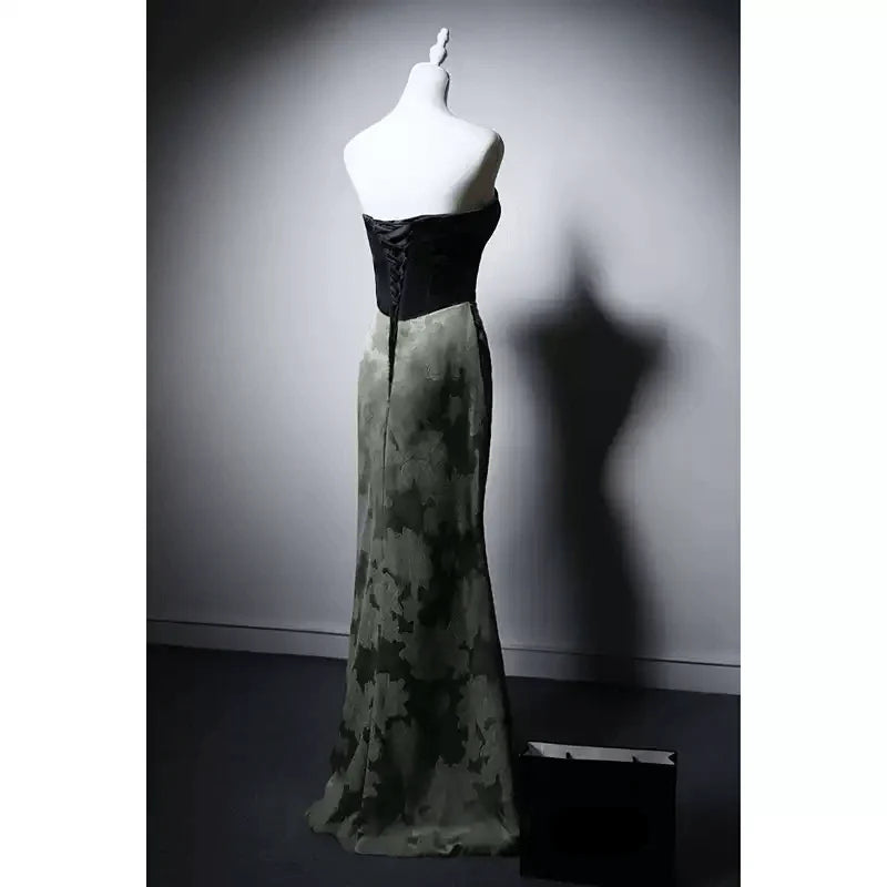 Gothic Black and Olive Green Mermaid Evening Gown  Green Evening Gown with Draped Skirt