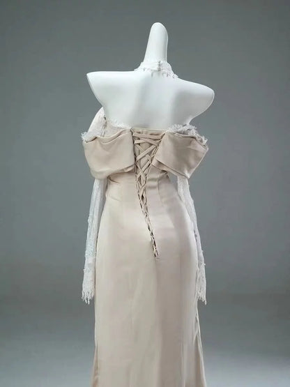 Champagne Off-the-Shoulder Draped Evening Gown