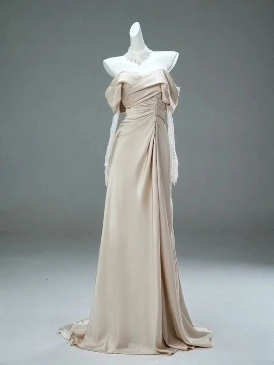 Champagne Off-the-Shoulder Draped Evening Gown