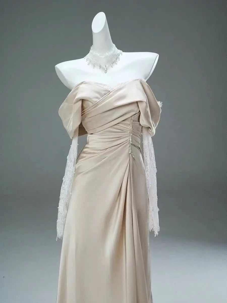 Champagne Off-the-Shoulder Draped Evening Gown