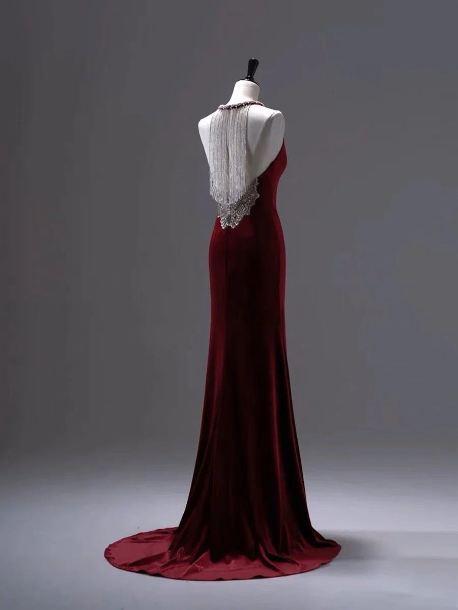 Burgundy Velvet Backless V-neck Mermaid Evening Gown With Crystal Chain Back