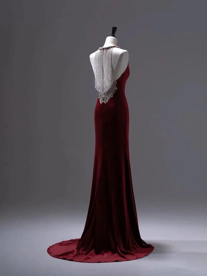 Burgundy Velvet Backless V-neck Mermaid Evening Gown With Crystal Chain Back