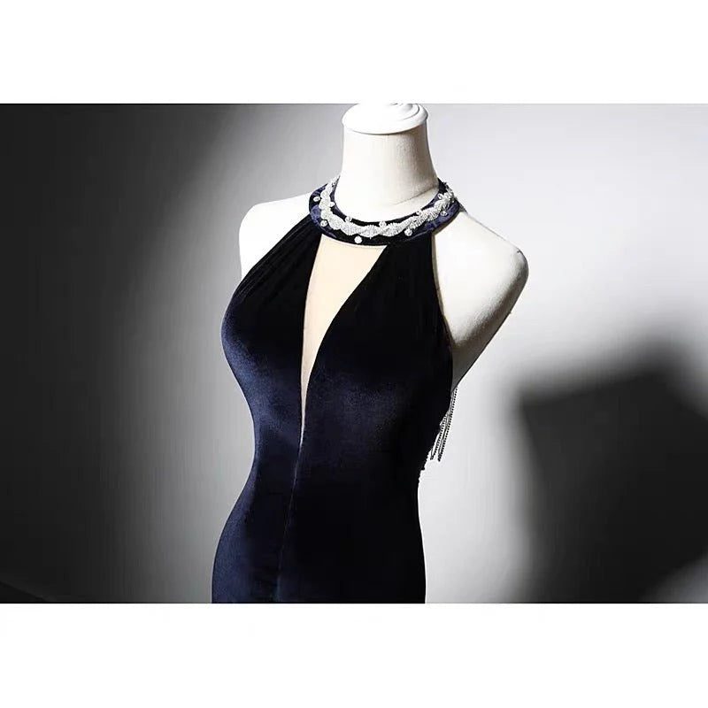 Sapphire Velvet Backless V-neck Mermaid Evening Gown With Crystal Chain Back