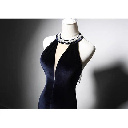 Sapphire Velvet Backless V-neck Mermaid Evening Gown With Crystal Chain Back