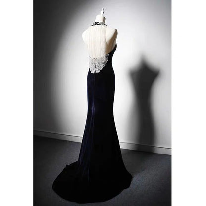 Sapphire Velvet Backless V-neck Mermaid Evening Gown With Crystal Chain Back