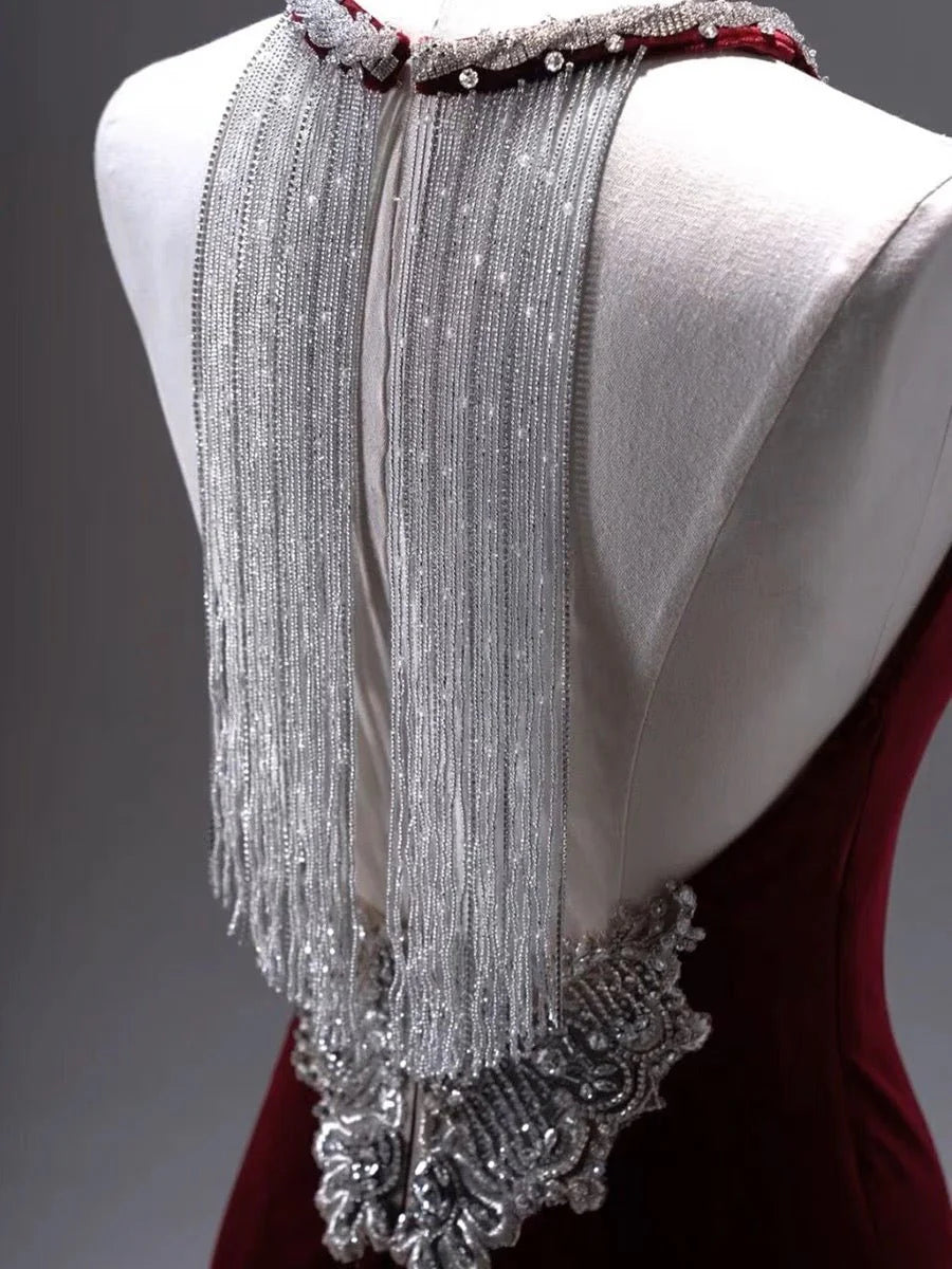 Burgundy Velvet Backless V-neck Mermaid Evening Gown With Crystal Chain Back