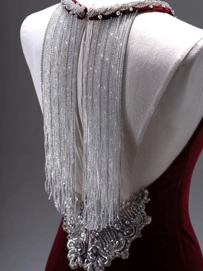 Burgundy Velvet Backless V-neck Mermaid Evening Gown With Crystal Chain Back
