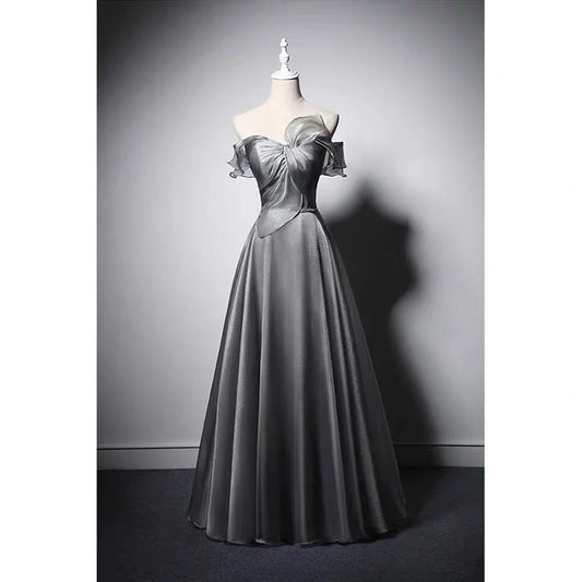 Off Shoulder Bow Tie Grey Corset Evening Gown With Gauze Evening Dresses