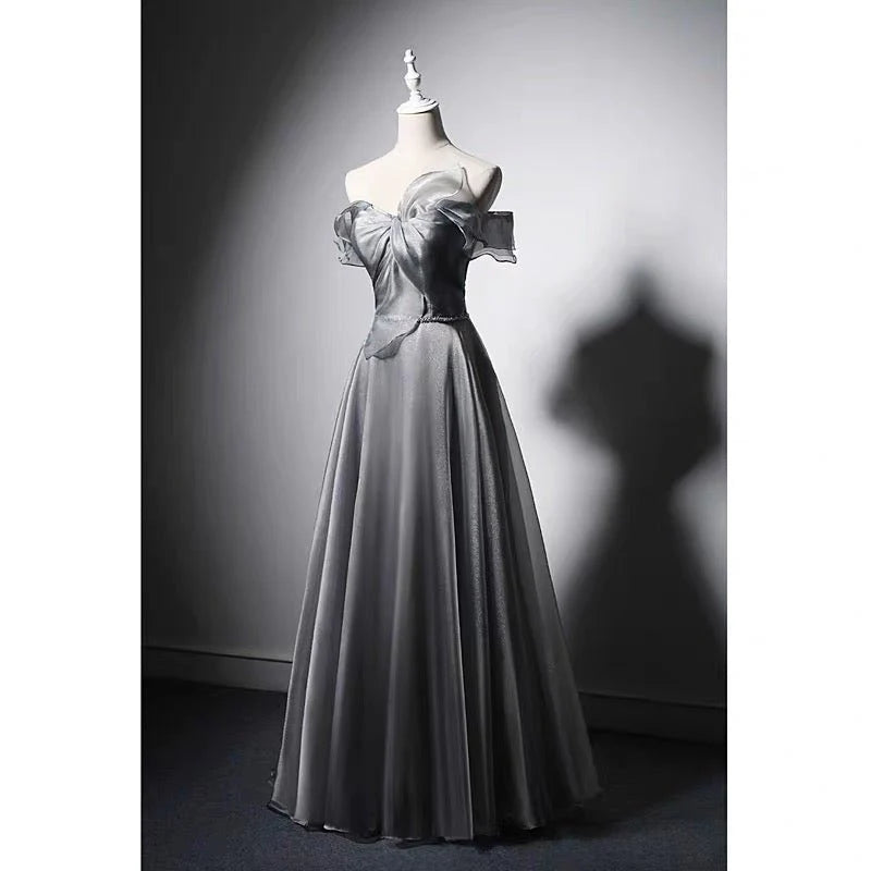 Off Shoulder Bow Tie Grey Corset Evening Gown With Gauze Evening Dresses