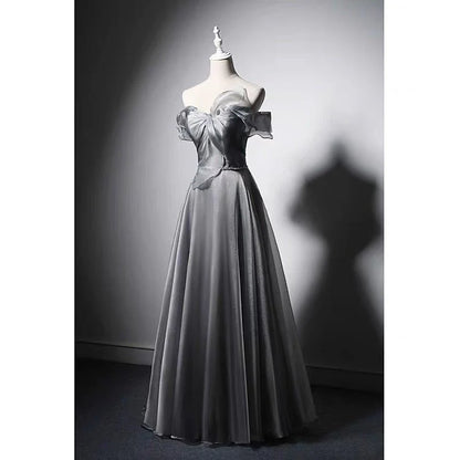 Off Shoulder Bow Tie Grey Corset Evening Gown With Gauze Evening Dresses
