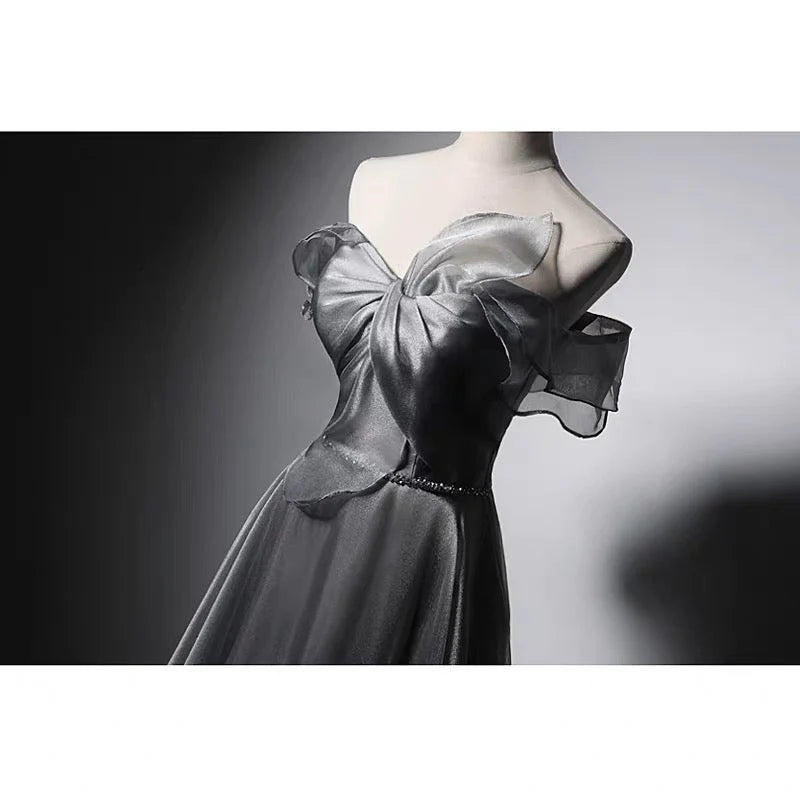 Off Shoulder Bow Tie Grey Corset Evening Gown With Gauze Evening Dresses