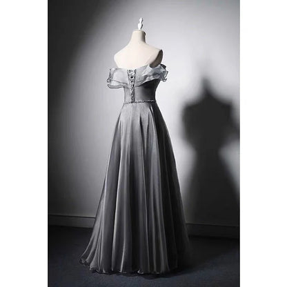 Off Shoulder Bow Tie Grey Corset Evening Gown With Gauze Evening Dresses