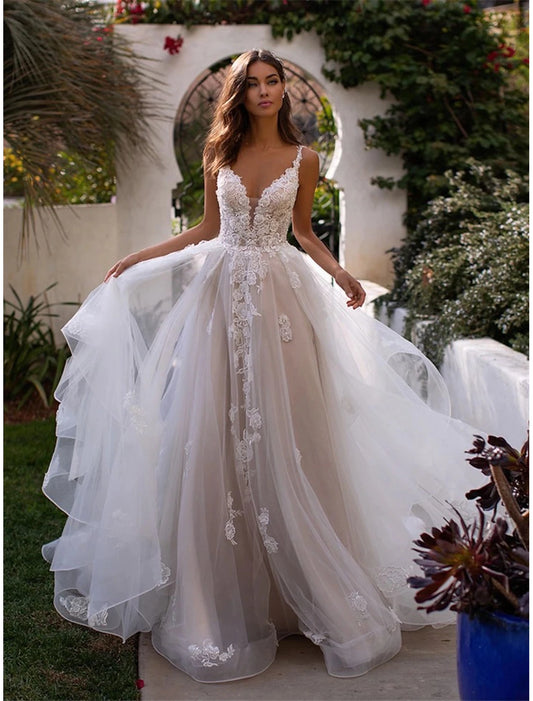 Beach backless sexy wedding dress A-shaped sweet shoulder strap lace bride dress with stickers
