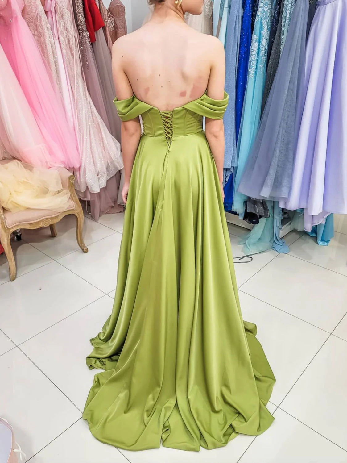 Simple green off shoulder satin long prom dress green prom dress