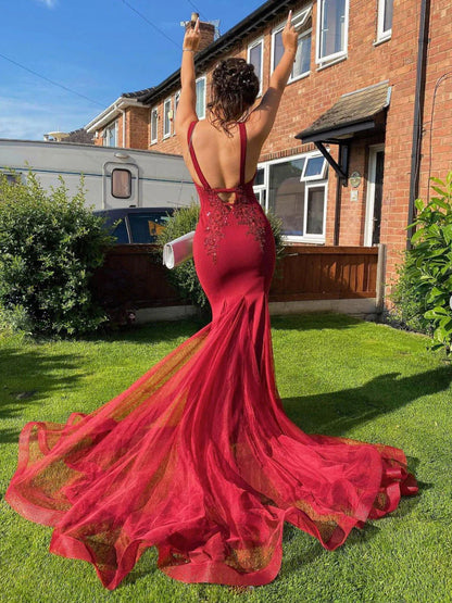 Burgundy v neck lace mermaid long prom dress burgundy prom dress