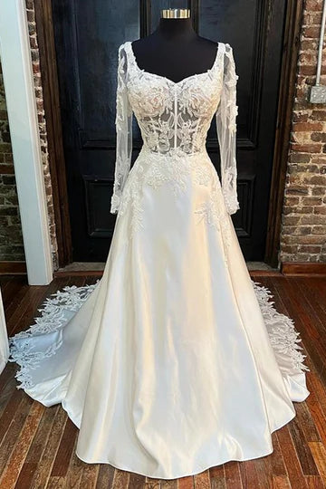 Queen Anne Long Sleeve A-Line Wedding Dress