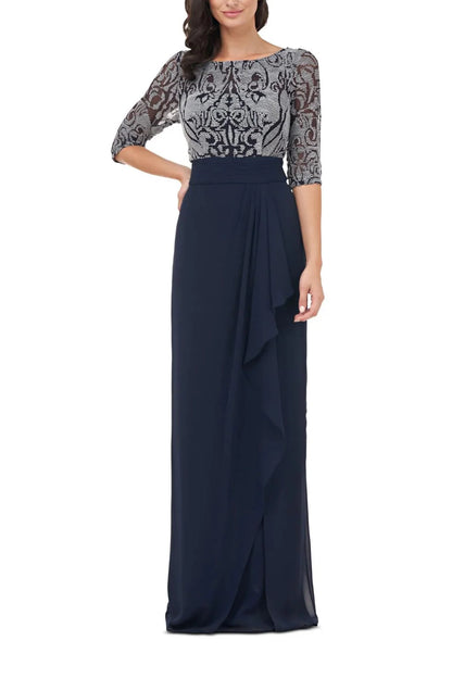Collections Boat Neck 3/4 Sleeve Embroidered Illusion Bodice Draped Front Pleated Waist Zipper Back Crepe Long Mother of the Bride Dresses ﻿