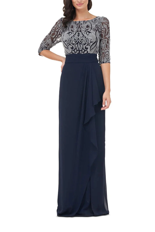 Collections Boat Neck 3/4 Sleeve Embroidered Illusion Bodice Draped Front Pleated Waist Zipper Back Crepe Long Mother of the Bride Dresses ﻿