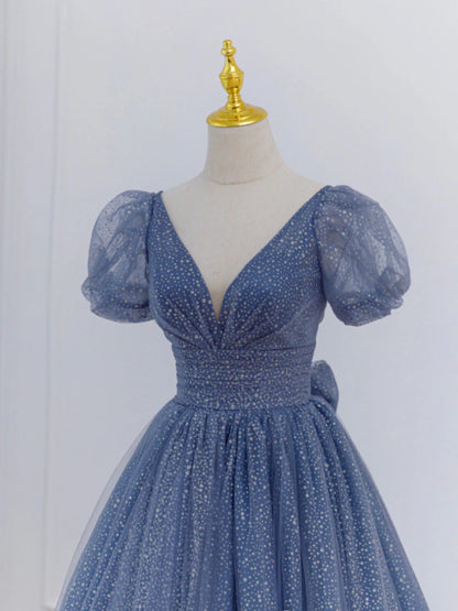 Gray Blue A-Line Tulle Long Evening Dresses Blue Tulle Formal Dresses