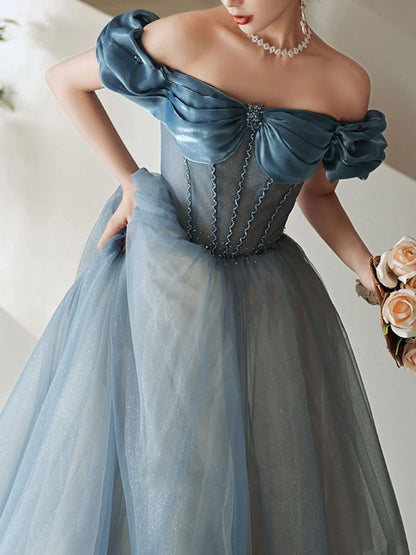 Blue off shoulder satin long prom dress blue satin prom dress