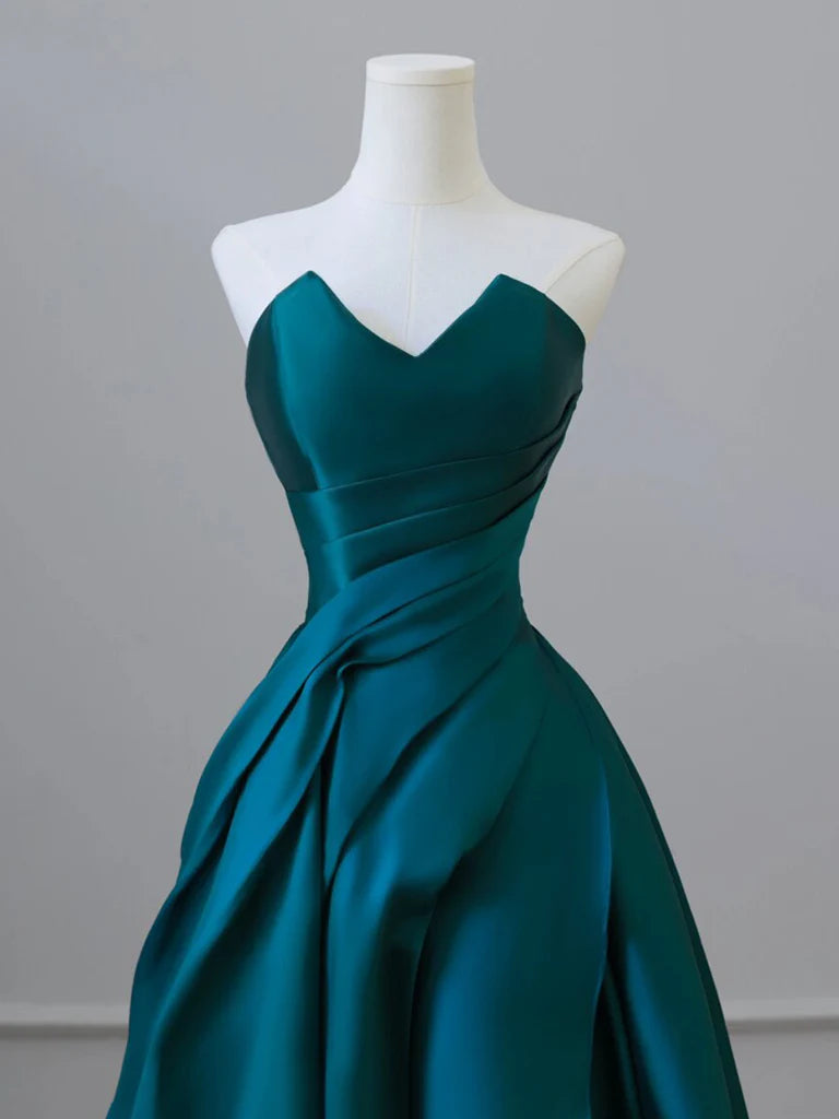 A-Line Satin Green Long Prom Dress Green Satin Long Formal Evening Dress