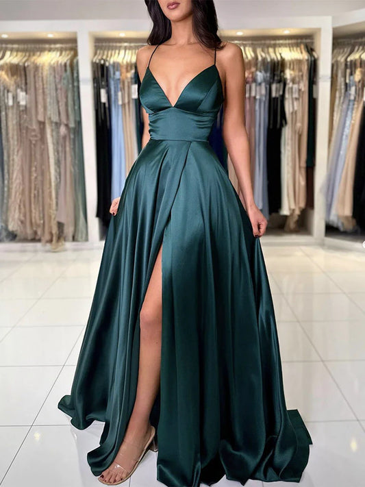 A-Line V Neck Dark Green Satin Long Evening Dress Dark Green Evening Dress